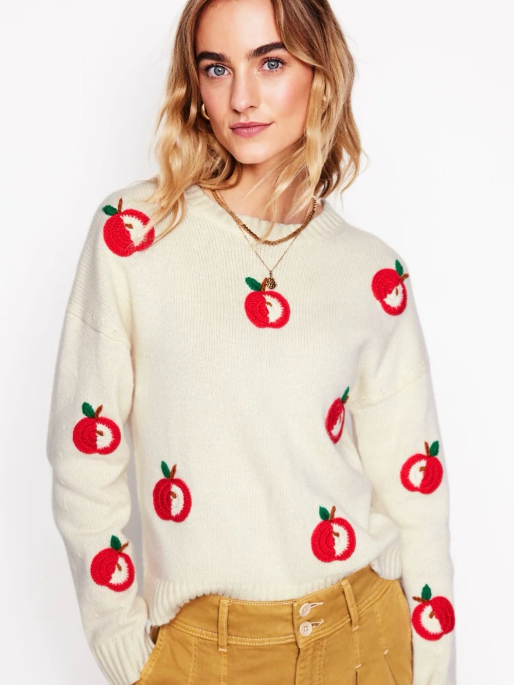 Boden Natalie Embroidered Sweater- Warm Ivory, Apples - Picture 2 of 5